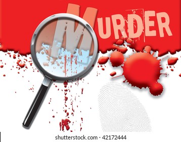 A Landscape Format Illustration Of Blood Spatters On A White Background, With A Magnifying Glass Highlighting The Word Murder.