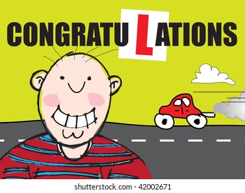 A landscape format naive cartoon styled illustration with a congratulatory message for passing a driving lesson. Male character based. - Powered by Shutterstock