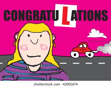 A landscape format naive cartoon styled illustration with a congratulatory message for passing a driving lesson. Female character based. - Powered by Shutterstock