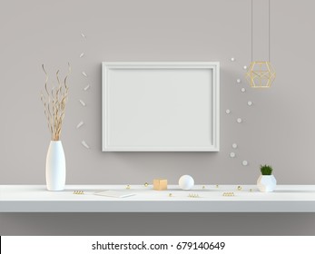 Landscape Frame Mockup On Wall Surface With Decorations 3D Illustration