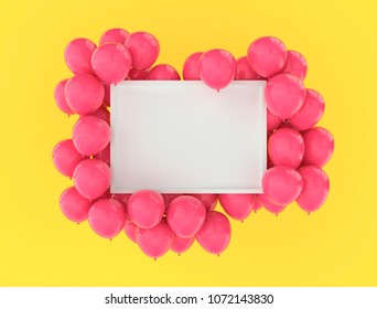 Landscape frame poster mock up with pink balloons on bright yellow wall background. 3D rendering. Festive colourful design