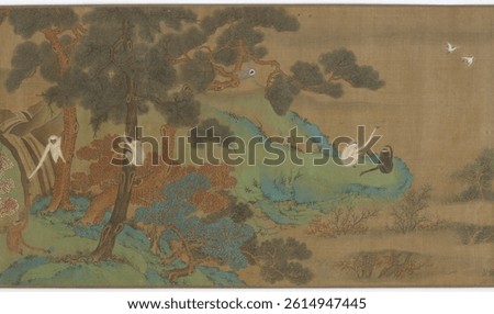Landscape with Gibbons and Cranes, formerly attributed to Qiu Ying. Vintage Chinese artwork. Painting from China. Chinese vintage illustration.
