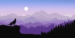 Landscape Graphic Art Of Howling Wolf, Pine Trees, Mountains, And Sun Horizon In Black, Purple, And Blue Hues Shades, Graphic Design For Desk Mat