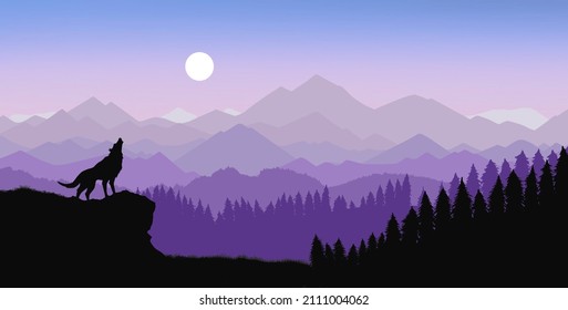 Landscape Graphic Art Of Howling Wolf, Pine Trees, Mountains, And Sun Horizon In Black, Purple, And Blue Hues Shades, Graphic Design For Desk Mat