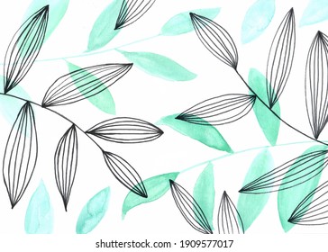 Landscape green leafs pattern watercolor illustration