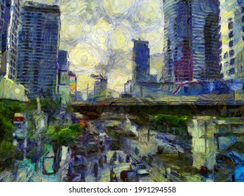 Landscape In The Heart Of Bangkok Illustrations Creates An Impressionist Style Of Painting.