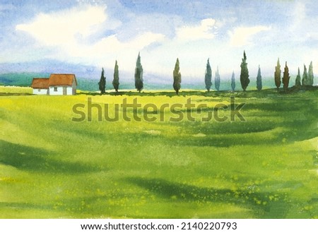 Landscape with houses, watercolor illustration with trees, blue sky and green grass