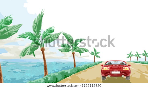 Landscape illustration of a car running along the sea\
with palm trees\
