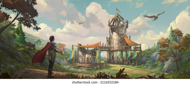 A landscape illustration of the medieval fantasy fortified castle and knights with colourful trees under vast blue sky.