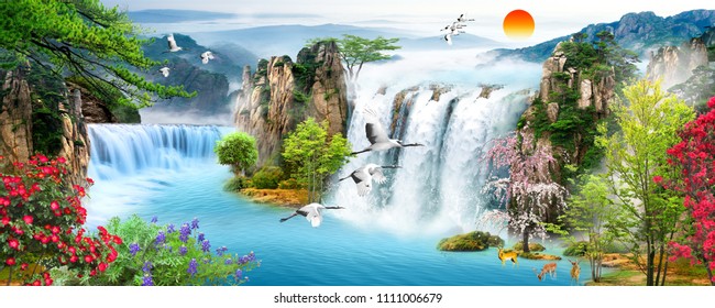 Landscape illustration - waterfall, forest, mountains, flying birds