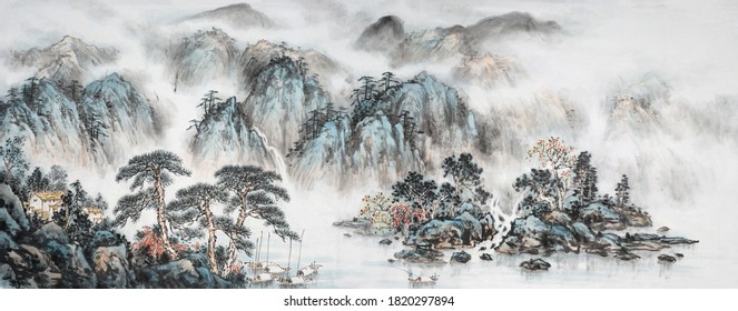 Landscape ink and wash painting.
Decoration for the interior.
Asian traditional culture.