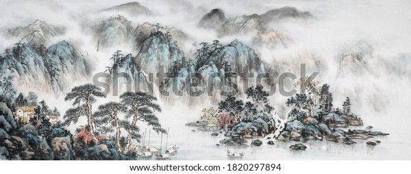 Ink and wash landscape painting. Decoration for the interior. Asian traditional culture.