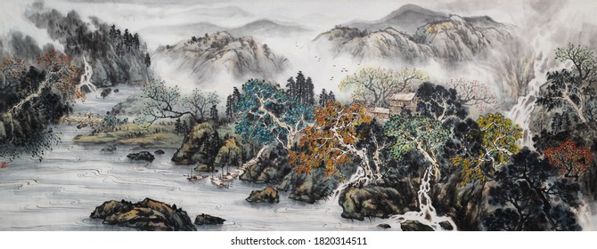 Landscape Ink And Wash Painting.Asian Traditional Culture.