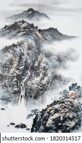 Landscape Ink And Wash Painting.Asian Traditional Culture.