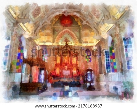 Landscape of the interior of an ancient Gothic architecture church watercolor style illustration impressionist painting.