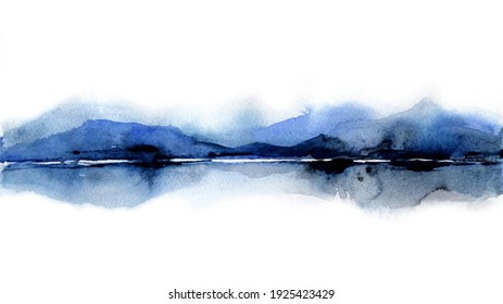 Landscape With Islands In Water. Traditional Japanese Ink Wash Painting. Indigo Watercolor Silhouette Of The Mountains Of Lake. Blue Shades. Artwork Painting For Poster, Card, Banner, Book, Cover.