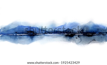 Landscape with islands in water. Traditional Japanese ink wash painting. Indigo Watercolor Silhouette of the mountains of lake. Blue shades. Artwork painting for poster, card, banner, book, cover.