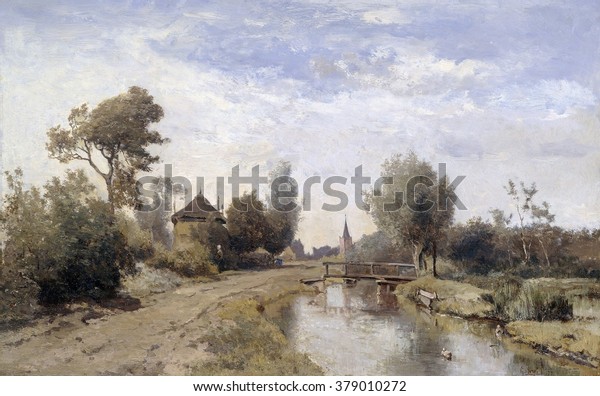 Landscape at Kortenhoef, by Paul Joseph Constantin Gabriel, 1877, Dutch painting, oil on panel. View along a narrow canal with a wooden bridge.