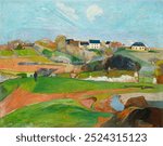 Landscape at Le Pouldu (1890) by Paul Gauguin. Village town view. Vintage village landscape scenery art drawing illustration, old painting village landscape art print.