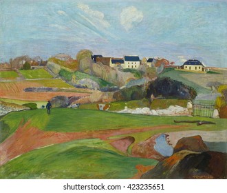 Landscape at Le Pouldu, by Paul Gauguin, 1890, French Post-Impressionist painting, oil on canvas. Gauguin painted this from memory and sketches. Gauguin said, 'Don't copy nature too literally. Art is