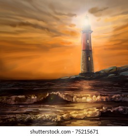 Landscape With Lighthouse And Ocean, Sunset, Digital Painting