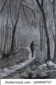 Landscape With A Lonely Figure In The Alley, Leaving Into The Fog. Charcoal Drawing.
