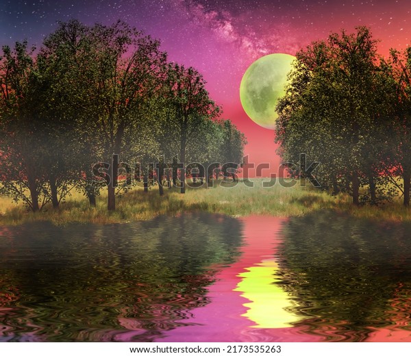 landscape with the moon in the park\
reflection in the water of trees and the moon path. 3d\
render