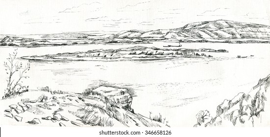 Landscape With A Mountain River And A Graphic Sketch