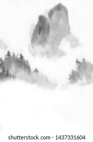 Landscape Of A Mountain Of Water By Ink. Chinese Ink Painting. Painting On Raw Sheet