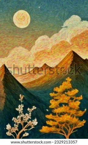 Landscape with mountains and forest. Watercolor painting of nature. Hand-Drawing, printable art. 