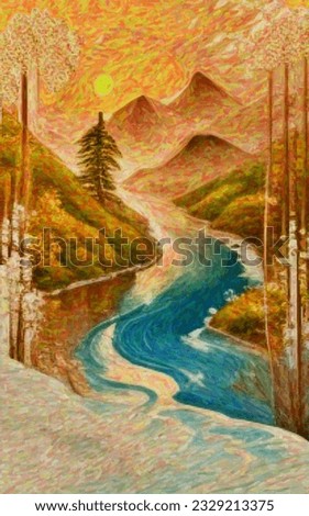 Landscape with mountains and forest. Watercolor painting of nature. Hand-Drawing, printable art. 