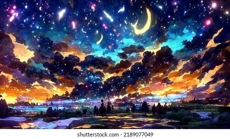 Landscape Night Painting Artistic Conception Stock Illustration ...