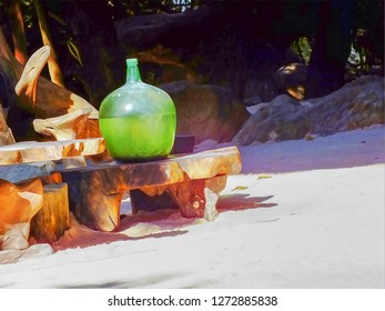 Landscape Oil Painting : Natural Garden In The City. The Walkway Is Soft White Sand. There Is A Green Round Water Bottle Set On The Wooden Table Seat. Bangkok Thailand.