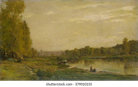 Landscape on the Oise, by Charles Francois Daubigny, 1872 , French painting, oil on panel, There are small figures on the river bank and a moored boat.