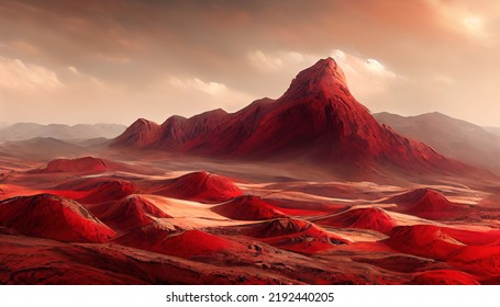 Landscape On The Planet Mars, Surface Is A Picturesque Desert On Red Planet. Background Of Space Game, Cover, Poster With Red Earth, Mountains, Stars, 3d Artwork