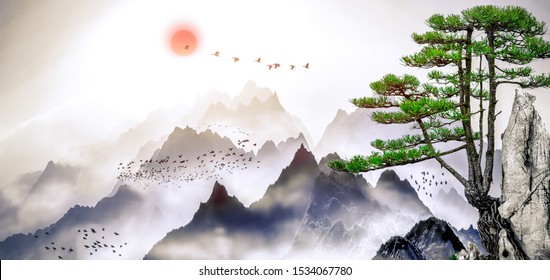 A landscape painting of pine trees, distant mountains, clouds and sunrise. Tthe Chinese painting style of ink and landscape.