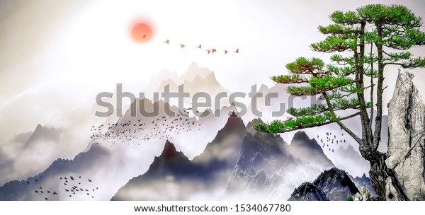 A landscape painting of pine trees, distant mountains, clouds and sunrise. 