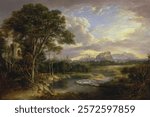 Landscape painting with river, trees, and distant castle. The river flows through the landscape, surrounded by trees. A castle sits in the landscape. Vintage drawing illustration, painting art print.