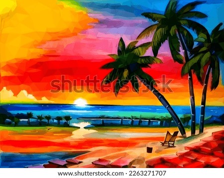 Landscape paintings of the seafront, palm trees and sunset with a beautiful red-blue sky. 