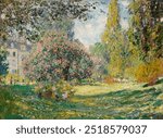 Landscape: The Parc Monceau (1876) by Claude Monet, famous park painting. Vintage garden landscape impressionism art drawing illustration, Monet tree and flowers park old painting art print.