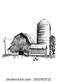 Landscape Pencil Drawing Barn Silo Stock Illustration 2031903722 ...