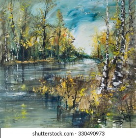 Landscape With River And Birch Forest, Oil Painting Artistic Background     