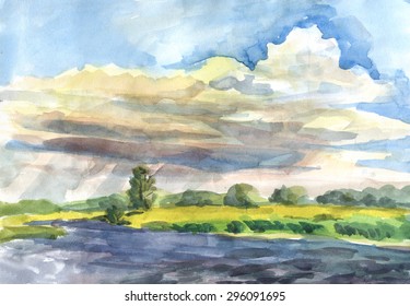 Landscape River Cloud Watercolor Painting Stock Illustration 296091695 ...