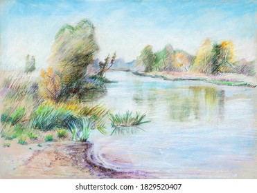 Landscape with river Dubna in September,oil pastel painting