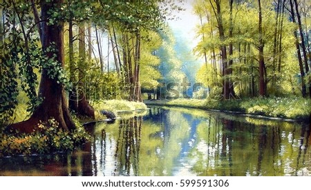 Landscape river, trees, oil paintings rural landscape, fine art, in the old forest. 