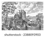 Landscape with ruins of a temple, Adriaen Collaert, after Hendrick van Cleve, 1587 - 1618 In the foreground are the ruins of a round temple. In the middle of the ruin is a small pond.
