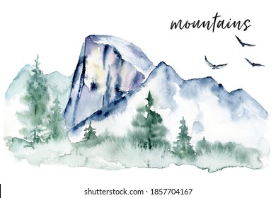 Landscape Scenery With Forest And Mountain, Watercolor Hand Painting.