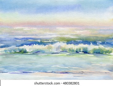Landscape with sea surf, painted in watercolor. Seascape.