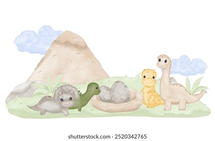 Landscape with small dinosaurs. Field with a mountain with a nest with eggs. Watercolor composition for children. Digital illustration. - Powered by Shutterstock