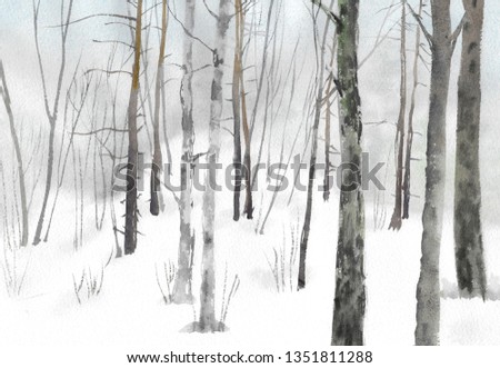 Landscape of a snowy winter forest painted in watercolor on texture paper